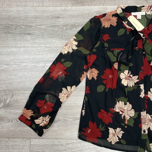 NWT Monteau Los Angeles Black Floral Long Sleeve Blouse XL - Picture 7 of 16